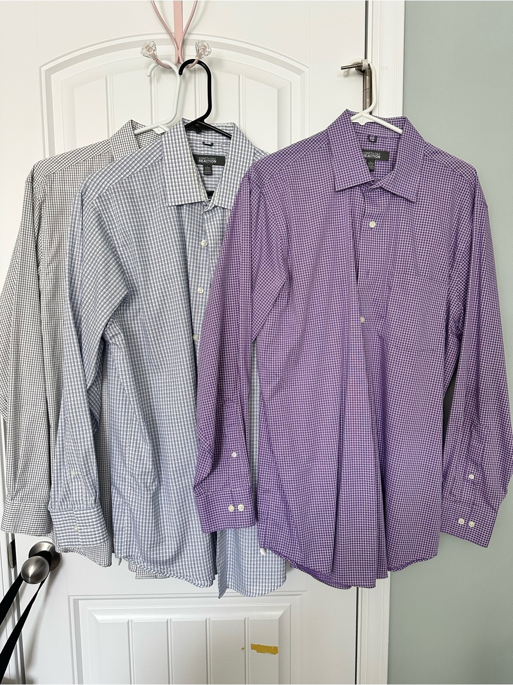 Kenneth Cole Reaction Purple, Light Blue and Grey Check Dress Shirts - 3 Pack